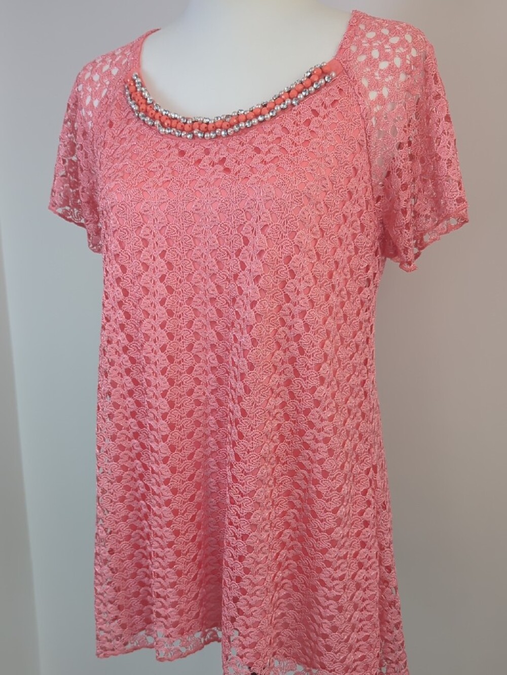 Brittany Black Coral Pink Lace Overlay Blouse Scoop Neck Beaded Embellished Top - Picture 4 of 14